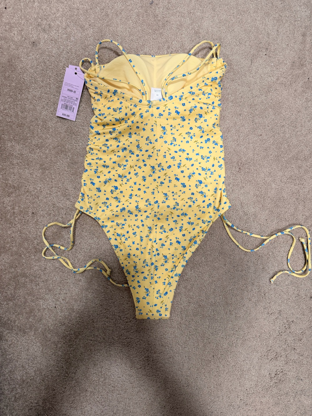Women’s XS (0-2) yellow swimsuit with blue floral pattern - Picture 2 of 3